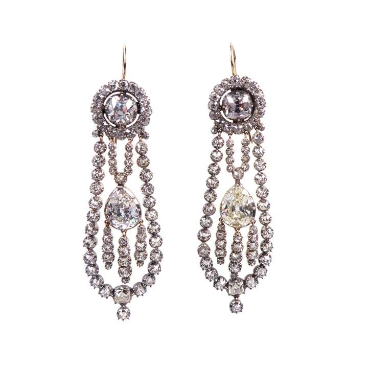 Pair of diamond swing framed drop and fringe pendant earrings